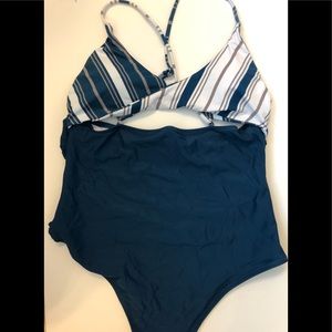 Navy blue with gray stripes swimsuit